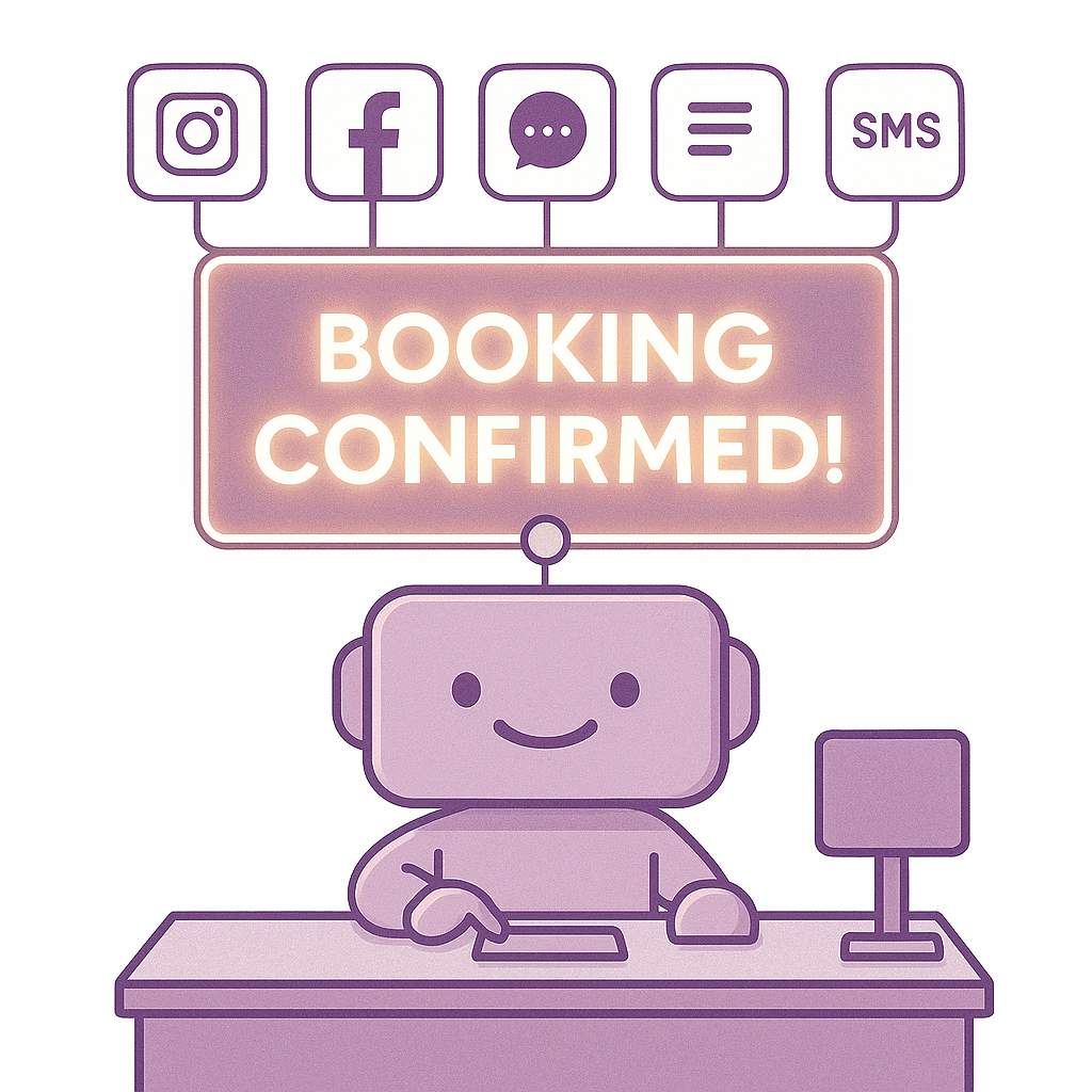 Cartoon robot confirming bookings across Instagram, Facebook, messaging, and SMS platforms